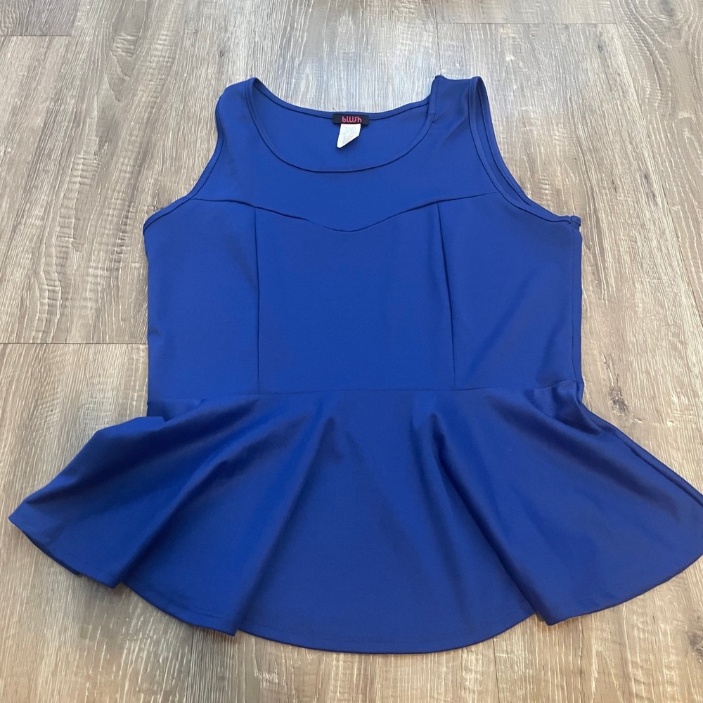Blush Women Peplum Top 1X Royal Blue Polyester Spandex Sleeveless Scoop Neck Fit